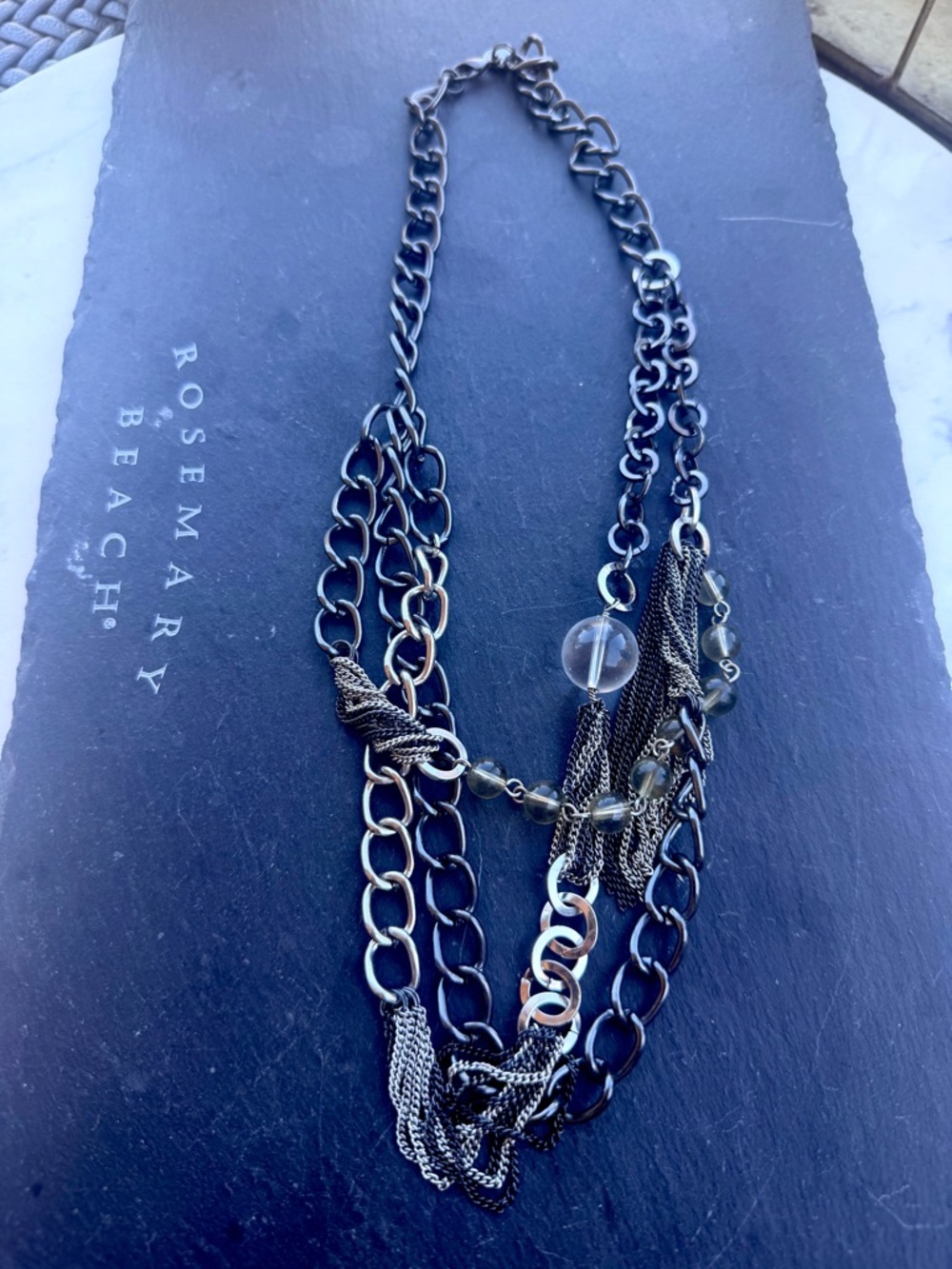 Signed Trifari Multi-Chain Gunmetal Statement Necklace Glass Beads 90s Layered
